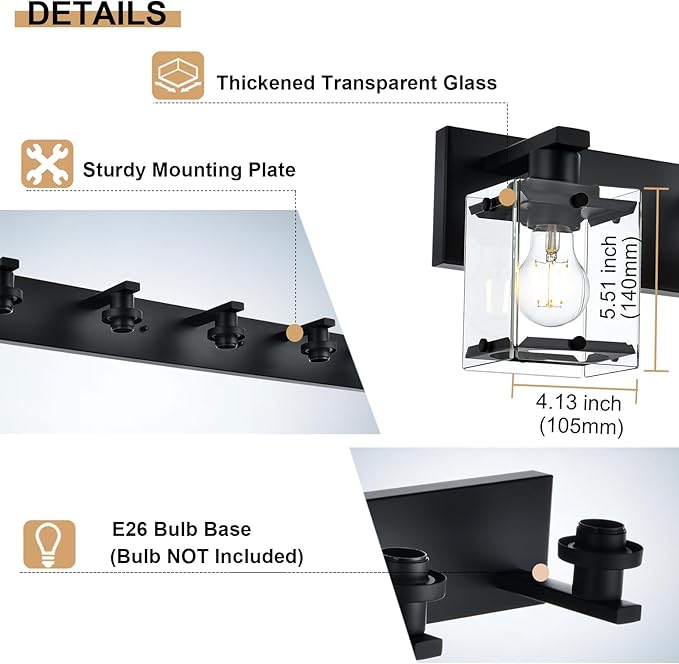 Black 2-Light Wall Sconce Bathroom Light Fixture, Rectangular Clear Glass - Image 7