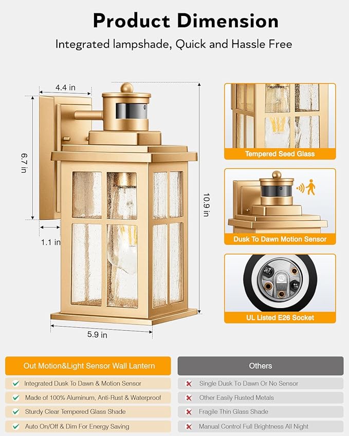 VIANIS 2 Pack Motion Sensor Outdoor Wall Lights, Modern Gold Exterior Garage - Image 7