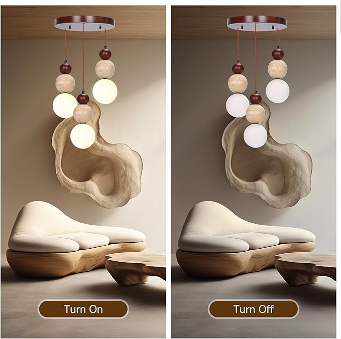 Wabi Sabi Pendant Light, 3-Light Travertine Stone Fixture-Japandi Japanese - Image 8