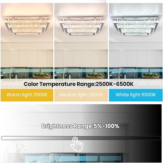 Finktonglan Modern Crystal LED Ceiling Light Fixtures 20” Dimmable Rectangular - Image 4