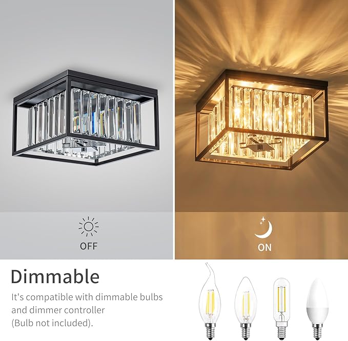 4-Lights K9 Crystal Ceiling Light, Close to Ceiling, 2-Tier Square Flushmount - Image 3