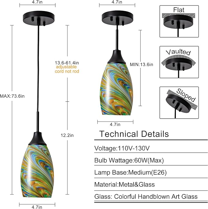 Mini Glass Pendant Light 4.72" Oval Pendant Lights 3-Pack Handblown Colorful - Image 2