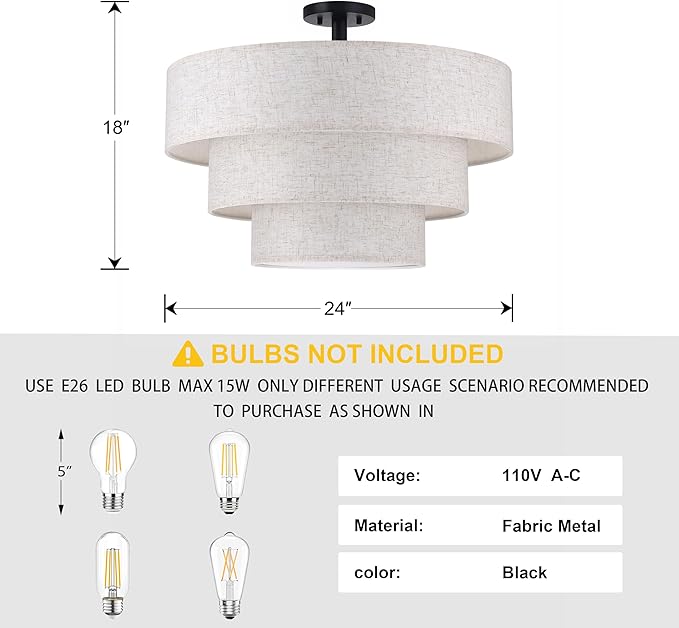 Doraimi Lighting 3 Tier Cream Linen Drum Fabric Semi Flush Mount Light Modern - Image 2