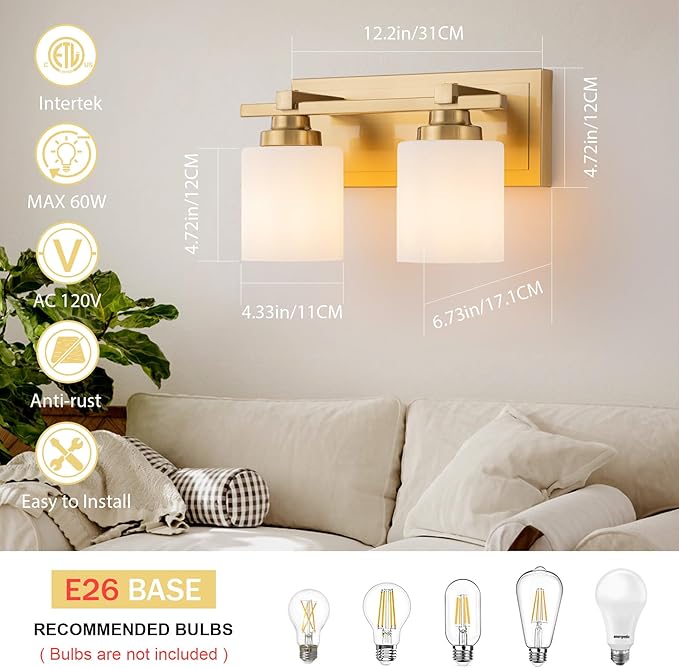 2 Light Modern Bathroom Light Fixtures Over Mirror, Brass Finish Vanity Lights - Image 5