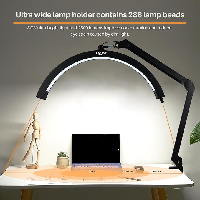 LED Half Moon Light with Desk Clamp, 30W Bright 288PCS LEDs, Metal Swing Arm - Image 3
