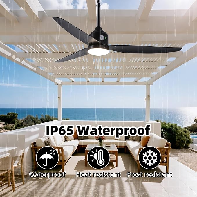 Outdoor Ceiling Fan with Light, 52 Inch Black Waterproof Plug in Ceiling Fan - Image 2