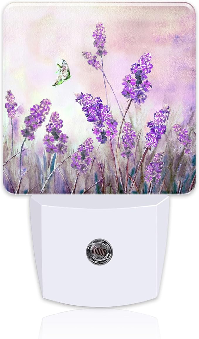 Purple Lavander Flowers Butterfly Night Light Plug into Wall, Watercolor by sndheke