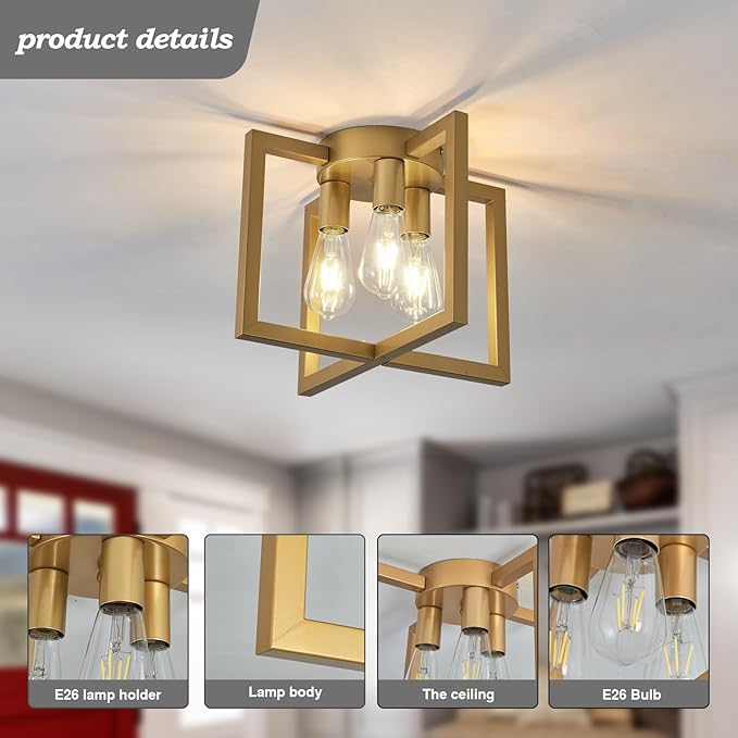 ZGLAOJT 3-Lights Ceiling Light Fixture, Modern Gold Semi Flush Mount Chandelier - Image 3