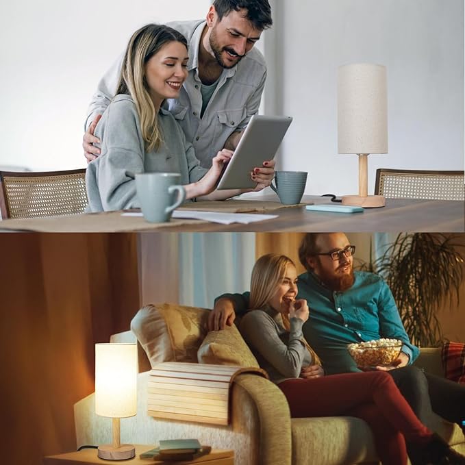Small Table Lamp for Bedroom, Nightstand Lamp Linen Lampshade Bedroom Wood Base - Image 5