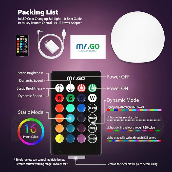 Mr.Go 14-inch LED Ball Light, Cordless Rechargeable Globe Lamp w/Remote - Image 7