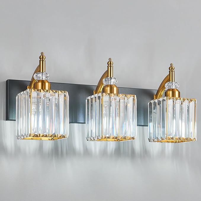 Modern Bathroom Vanity Light 3-Light Black and Gold Crystal Light Fixtures Over by BBLLWJ