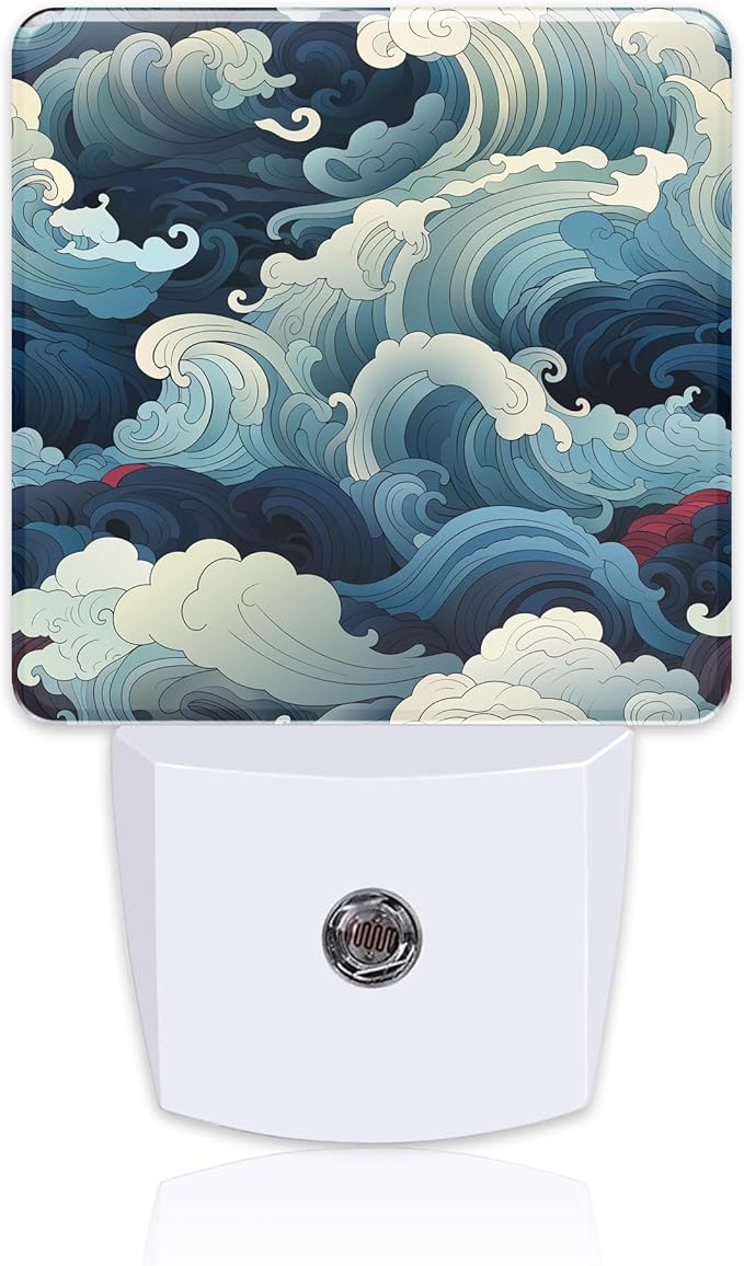 Blue White Ocean Waves Night Light Plug into Wall, Cartoon Sea Waves Dusk to by sndheke