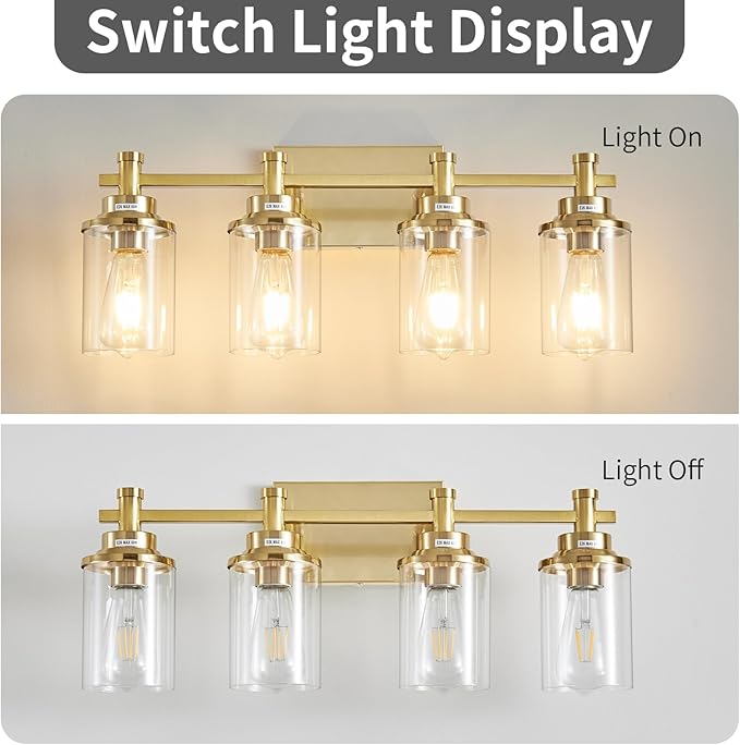 4 Light Brushed Brass Vanity Light Over Mirror, Vintage Wall Sconce - Image 3