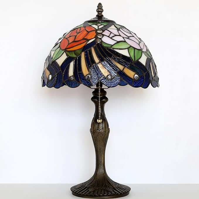 Tiffany Lamp Stained Glass Table Lamp 12” x 19” Rose Feather Style Decorative - Image 4