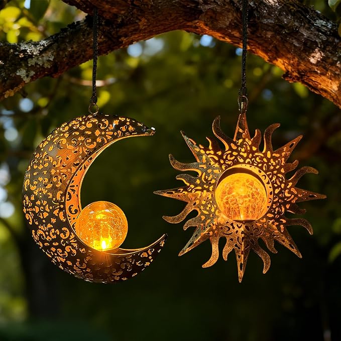 Solar Hanging Sun and Moon Lights Garden Outside Decor, 2 Pack Metal Lanterns - Image 2