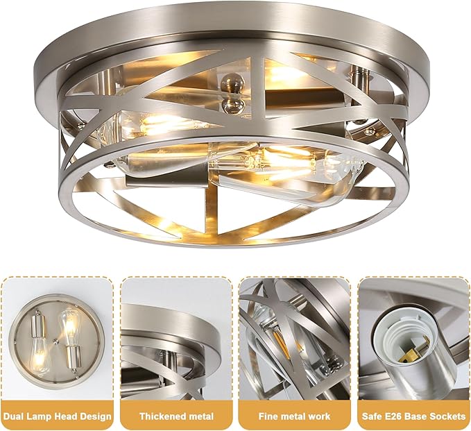 Close to Ceiling Light Fixtures, 2-Light Brushed Nickle Flush Mount Ceiling - Image 2