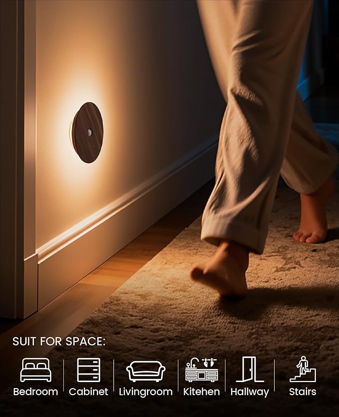 Motion Sensor Night Light Wood Rechargeable Battery-Powered Stick-On Step - Image 5