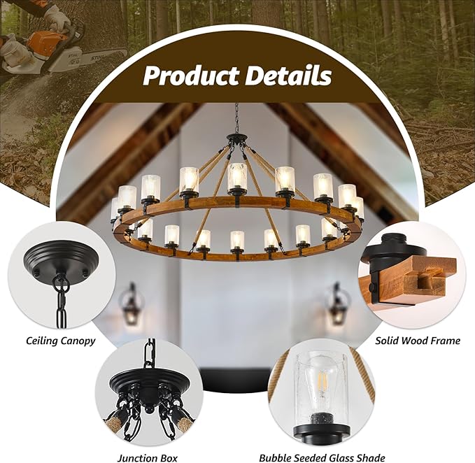 60-inch Rustic Wooden Chandelier - Image 3