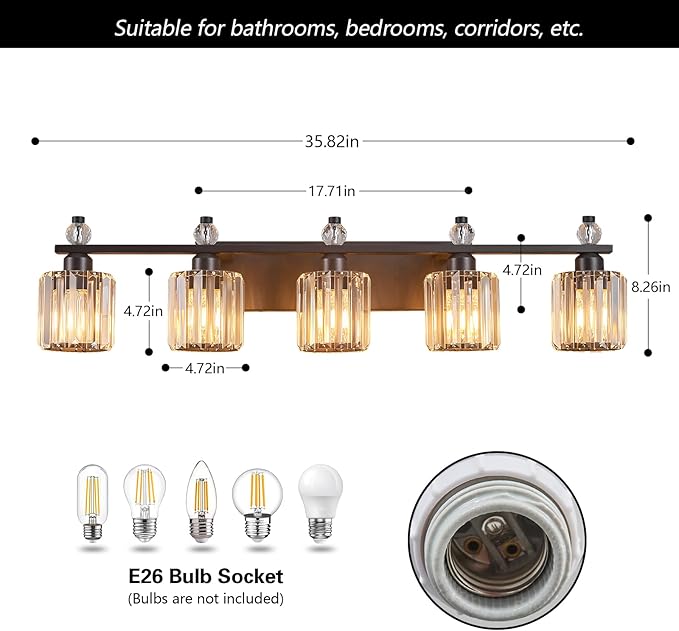 Bathroom Vanity Lights 5-Light Sand Black Modern Crystal Vanity Light Fixtures - Image 5
