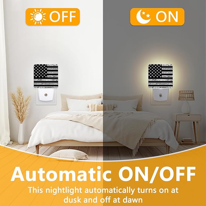 Black White American Flag Night Light, Plug-into USA Flag Nightlight White LED - Image 6