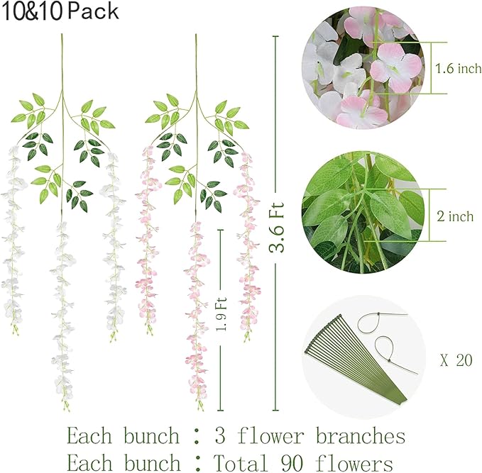 BLEUM CADE 20Pcs White & Pink Fake Wisteria Hanging Flowers, 3.6Ft/Pcs - Image 2