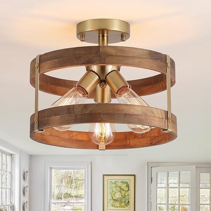 3-Light Rustic Farmhouse Wood Flush Mount Ceiling Light Fixture 12.59 inch Oak by Unknown
