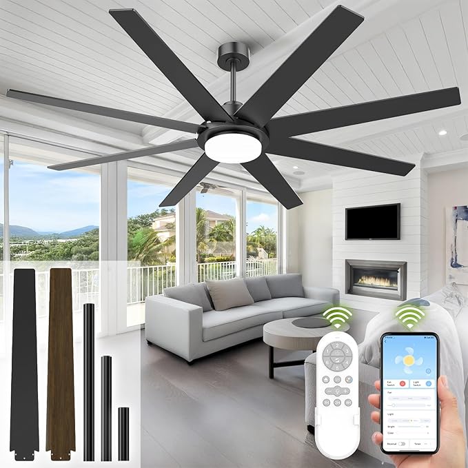 72 Inch Ceiling Fans with Lights and Remote Smart App, Indoor Black LED Big by StayCoolShineBright