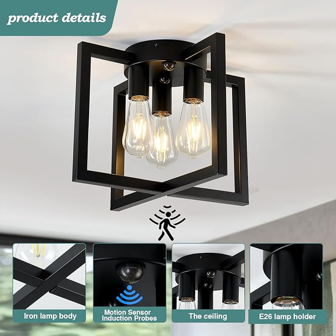 ZGLAOJT Motion Sensor Ceiling Light Fixture 3-Lights Semi Flush Mount Ceiling - Image 3