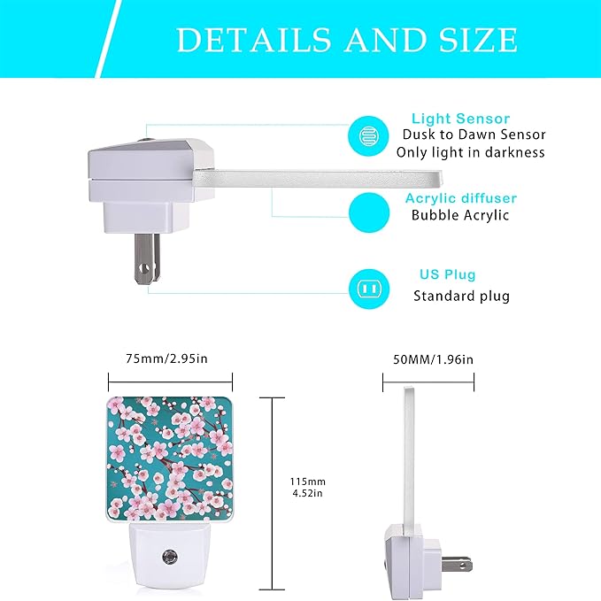 Spring Flowers Night Light, Cherry Blossom Night Lights Plug into Wall Dusk to - Image 2