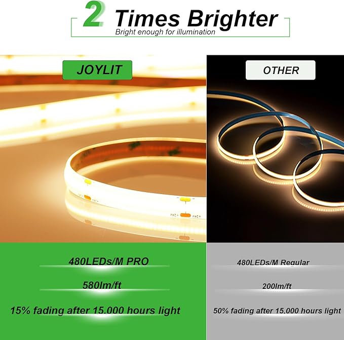 JOYLIT 24V COB LED Strip Lights 16.4ft 3000K Warm White 550LM/FT Super Bright - Image 3