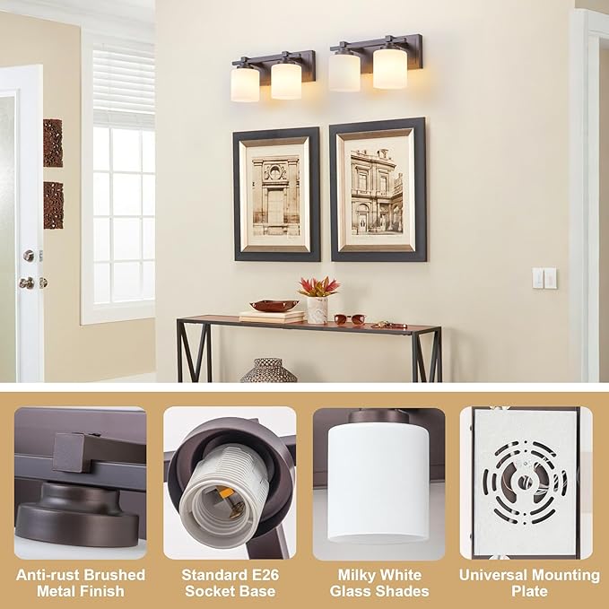 2 Light Modern Bathroom Light Fixtures Over Mirror, Bronze Finish Vanity Lights - Image 3