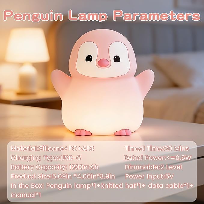 Pink Penguin Night Light, Soft Silicone Nursery Nightlight - Image 6