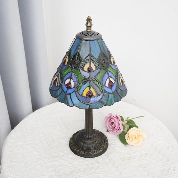 Green Peacock Decor Small Tiffany Style Table Lamp Antique Stained Glass Lamps - Image 8