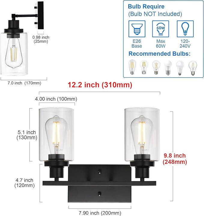 MELUCEE 2-Light Black Wall Sconce Industrial Vintage - Image 5