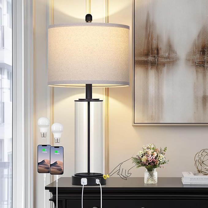 26" Black Glass Table Lamp for Living Room Single, 3-Way Dimmable Bedside Lamps by Home