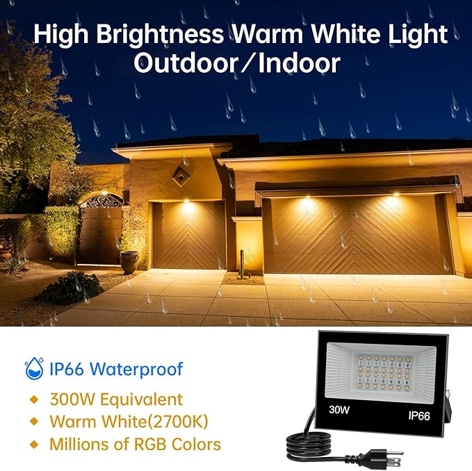 LED Flood Light Outdoor, 30W RGB Color Changing Smart Floodlights 2700K 3000LM - Image 2