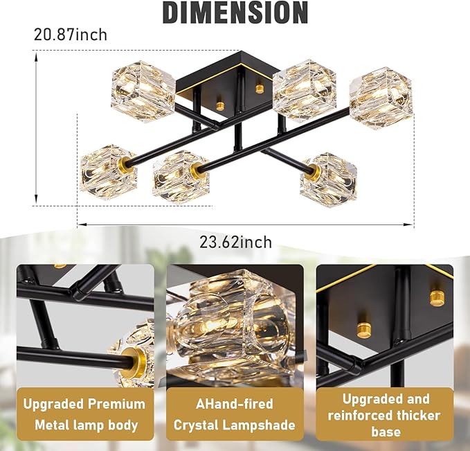 6-Light Modern Sputnik Ceiling Light Fixture，Crystal Semi Flush Mount Ceiling - Image 3