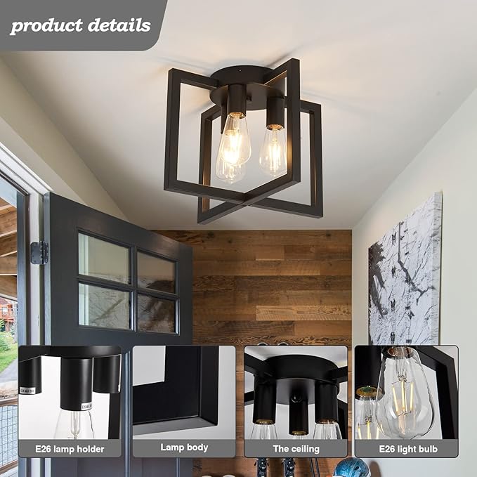ZGLAOJT 3-Lights Ceiling Light Fixture, Industrial Black Semi Flush Mount - Image 3