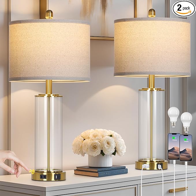 26" Gold Glass Table Lamps Set of 2, 3-Way Dimmable Touch Control Living Room by Home