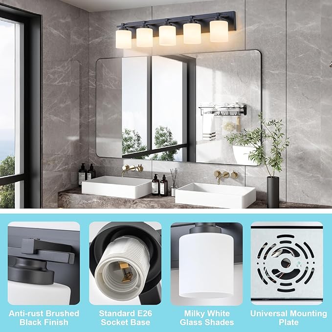 5 Light Modern Bathroom Light Fixtures Over Mirror, E26 Socket - Image 3