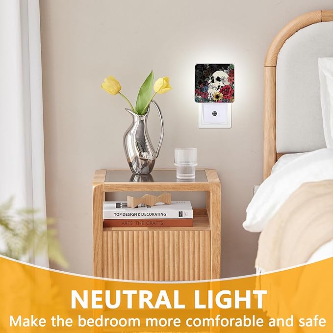 Halloween Skull Night Light, Plug-into Skeleton Flower Floral Nightlight White - Image 3