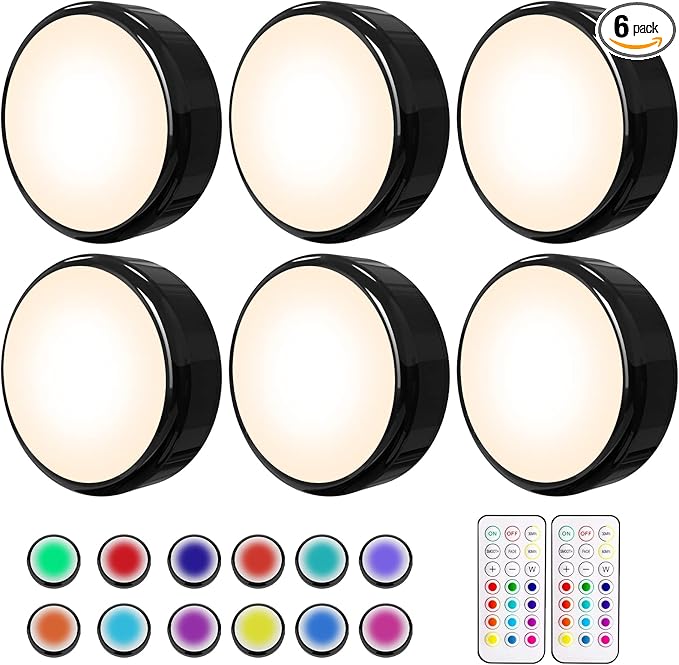 HELPLEX LED Puck Lights with Remote, 6 Pack Color Changing RGBW, Battery Powered by HELPLEX