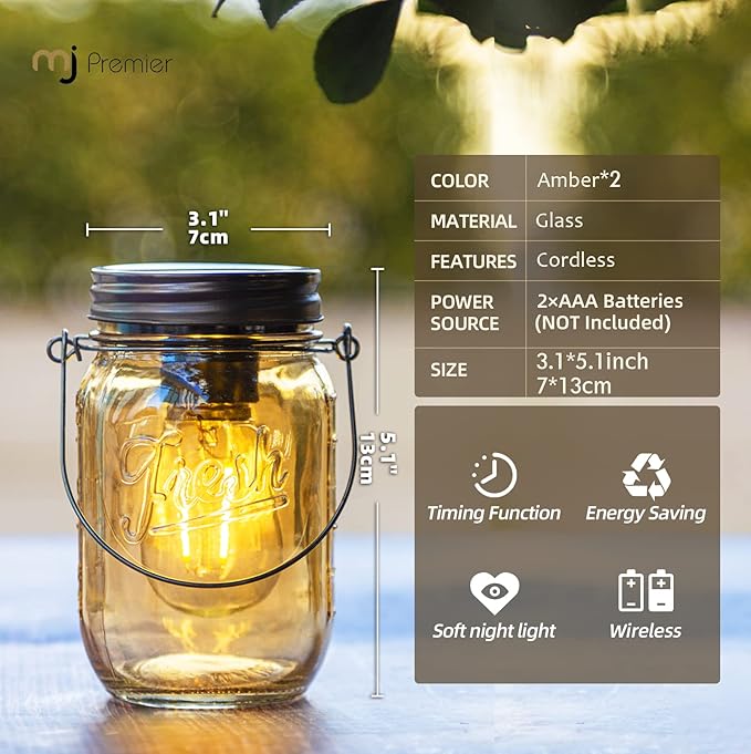 Outdoor Mason Jar Lights Hanging, Battery Operated Vintage Glass Light - Image 7