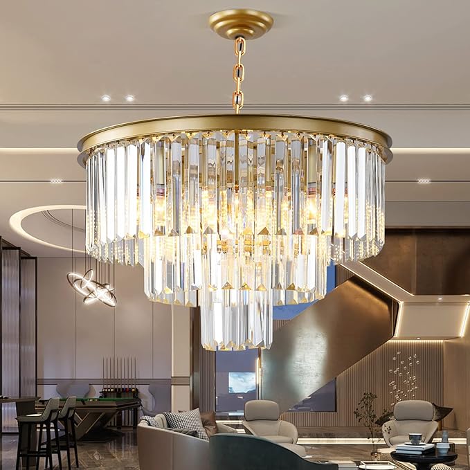 Gold Modern Crystal Chandelier, 3-Tier Round Flush Mount Ceiling Light Fixtures - Image 6