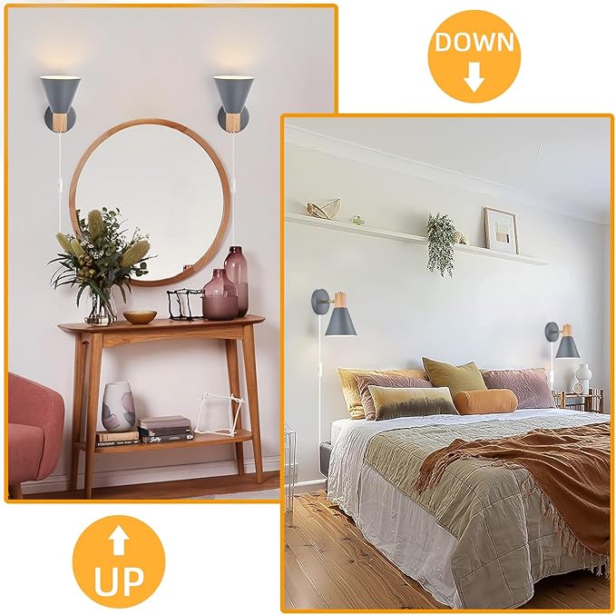 Plug in Wall Sconces Lighting Fixture Pack of 2, Wooden Adjustable Bedside Wall - Image 6