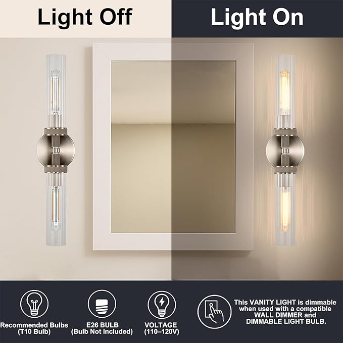 LaLuLa 2-Light Brushed Nickel Vanity Wall Lights Set of 2 –Hardwired Bathroom - Image 4