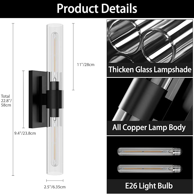 YUYI Black Wall Sconce, 22.8'' Wall Light - Image 2