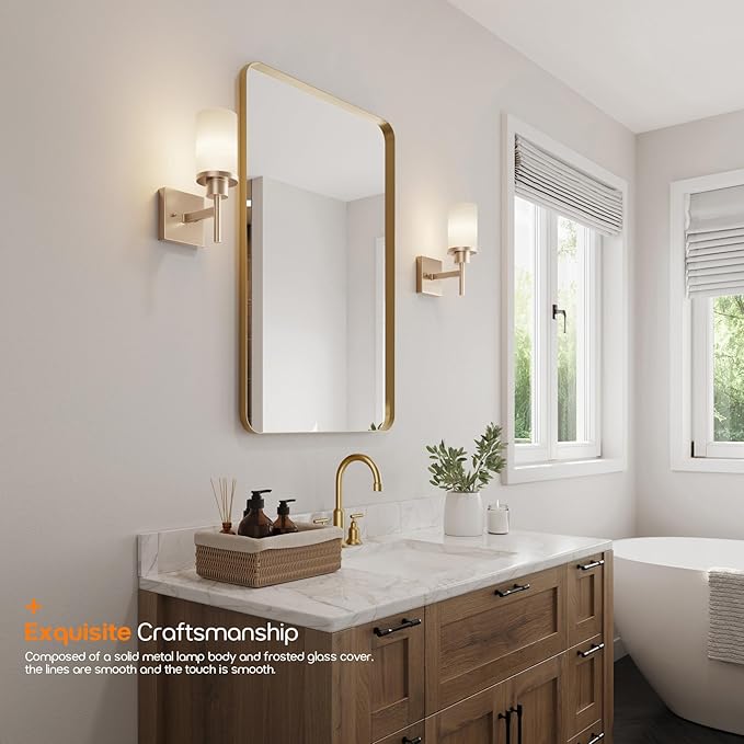Vanity Lighting Fixtures with White Frosted Glass Shade, Champagne Bronze Wall - Image 8