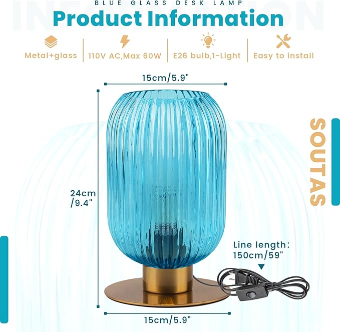 Small Table Lamp for Bedroom, Elegant Ribbed Glass Table Lamp Mid Century - Image 5