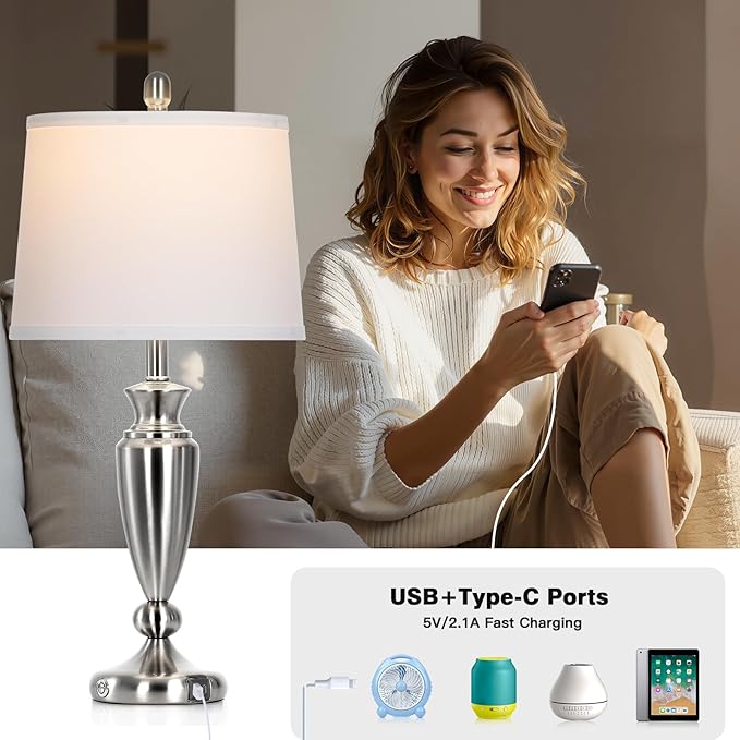 27" Silver Table Lamps for Living Room Single, 3 Way Touch Control Bedside Lamps - Image 3